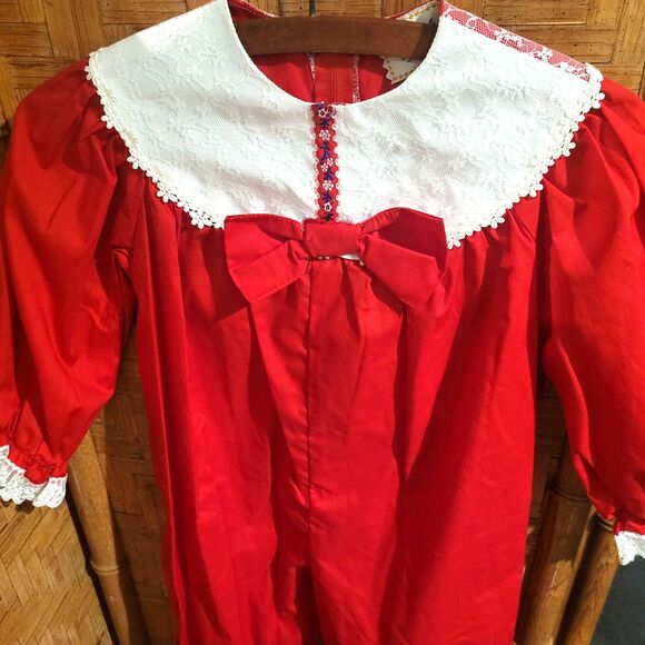 vintage 80s jumper romper one piece red cottagecore lace bow handmade in USA 4 - Picture 8 of 10